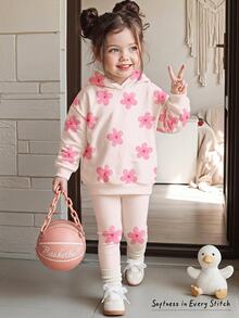 Baby Girl Casual Minimalist Loose Hooded Sweatshirt And Elastic Waist Long Pants Set, Suitable For Autumn/Winter - Multicolor - View 4