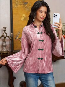 EastFlair Women's Flocked Frog Button Elegant Long Sleeve Top - Coral Pink - View 11