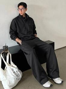 DAZY 男士純色深灰色厚款套頭運動衫套裝，秋冬季四分之一拉鍊男款 - 黑色 - 查看 5