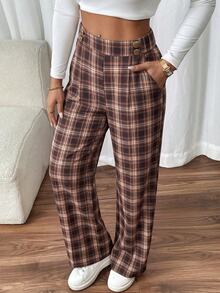 SHEIN Frenchy 1件女款直筒雙扣優雅辦公休閒長褲 冬季黑色 春季 - 彩色 - 查看 1