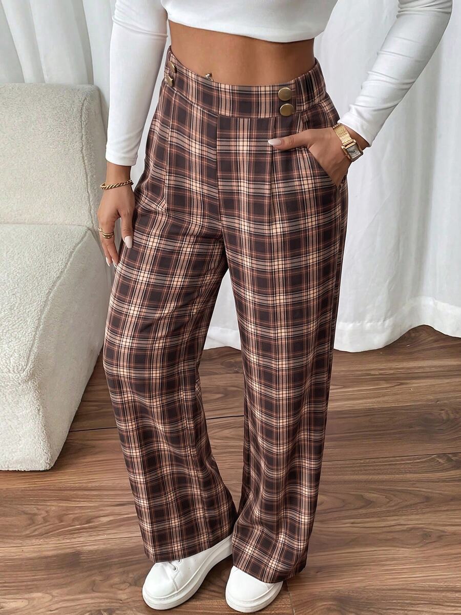 SHEIN Frenchy 1件女款直筒雙扣優雅辦公休閒長褲 冬季黑色 春季 - 彩色 - 查看 1