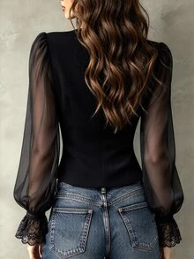 LUMIGAL Vintage elegant blus för kvinnor med knappar och spetspatchwork - Svart - Visa 2