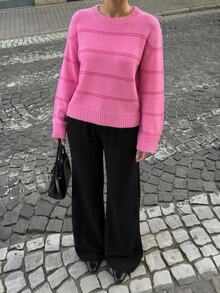 SHEIN Round Neck Bell And Long Sleeve Cozy Regular Fit Pink Color And Stripe Detail Casual Style - Pink - View 1