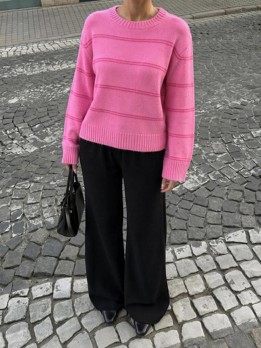 SHEIN Round Neck Bell And Long Sleeve Cozy Regular Fit Pink Color And Stripe Detail Casual Style - Pink - View 1