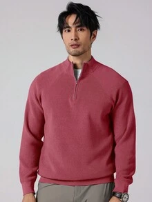 Marcello Vane 休閒時尚百搭純色寬鬆長袖男士毛衣 男士四分之一拉鍊毛衣 男士立領毛衣 男士棕色毛衣，秋冬款 - 中紫紅色 - 查看 3