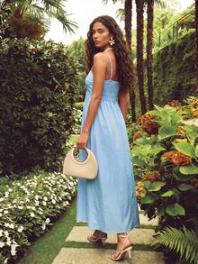 CAJUNI Women's Floral Print Pleated Casual Vacation Spaghetti Strap Dress - Blue - View 2
