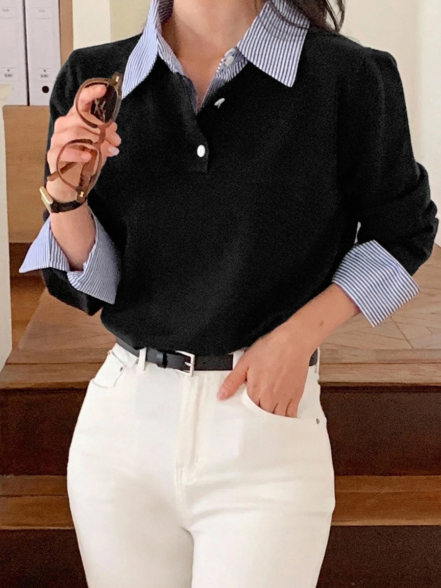 DAZY 女款拼接撞色 2 合 1 連袖領休閒度假韓風秋冬針織衫 - 黑色 - 查看 1
