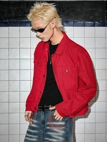 ROMWE MEN Men's Red Letter Print Streetwear Denim Jacket - Red - View 8