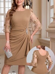 Reflora 大尺碼女款圓領水鑽裝飾休閒派對洋裝 - 卡其色 - 查看 5