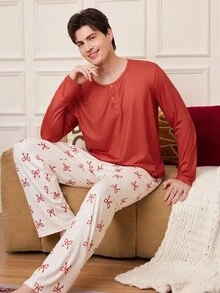 CoupledUp Red Button Design Round Neck Long Sleeve Top + Bow Print Long Pants, Comfortable Casual Men's Loungewear Pajama Set - Multicolor - View 2