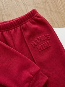 SHEIN 女嬰 Mama's Mini 壓紋字母紅色運動衫與慢跑褲 2件套保暖抓絨運動服，可愛媽咪風秋冬聖誕套裝 - 紅色 - 查看 7