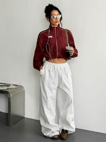 SHEIN Dewbera Women's Fashion Casual Colorblock Versatile Sports Jacket, Spring/Autumn Sports Jacket, Street Style Colorblock White Line Short Jacket - Brown - View 5