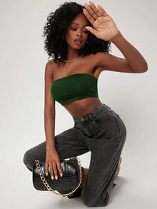 SHEIN BASICS 純色抹胸短版上衣/夏季外出夜生活黑色基礎簡約性感端莊簡單 - 墨綠色 - 查看 3