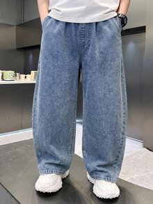 Boys' Designer Silhouette Blue Denim Loose Fit Long Pants - Blue - View 5