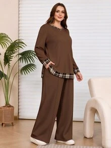Rosumi 大尺碼女款格紋印花拼接長袖上衣與長褲休閒西式日常兩件套家居服 棕色 秋冬 - 彩色 - 查看 5
