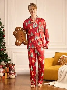 Notgurli Men's Christmas Gingerbread Man Lapel Long Sleeve Top & Pants Set - Multicolor - View 5