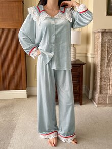 DAZY Women's Contrast Lace Lapel Single-Breasted Top And Pants Pajama Set - Blue - View 5