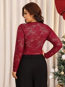 Elaquor Plus Size Women V-Neck Lace Sexy Romantic Sheer Long Sleeve Bodysuit Christmas New Year Party Night Burgundy Bodysuit For Women Fall/Winter - Burgundy - View 3