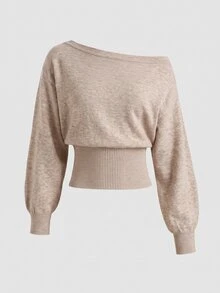 SHEIN 青少年女孩秋冬新款棕色不對稱肩收腰短版毛衣 - 駝色 - 查看 3