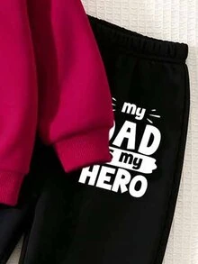 男嬰字母「My Dad Is My Hero」連帽衛衣與慢跑褲套裝，紅黑配色（1套）秋冬款 - 彩色 - 查看 5