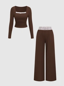 Sweetra Women's Bow Decor Top And Lace Long Pants Set - Coffee Brown - View 7