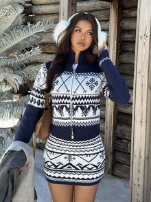 Sweetra Autumn/Winter Fair Isle Long Sleeve Sweater And Mini Skirt 2 Pieces Set - Multicolor - View 6