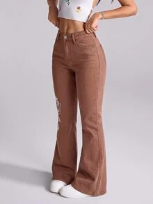 SHEIN PETITE 女款休閒水洗花卉刺繡低腰喇叭牛仔褲，適合嬌小女性 - 棕色 - 查看 3