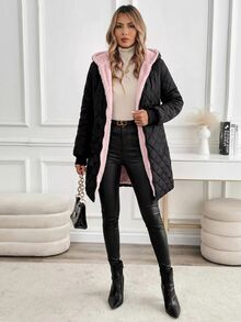 SHEIN Clasi 女款冬季保暖內裡連帽夾克 露營度假 黑色休閒 - 淺粉色 - 查看 8