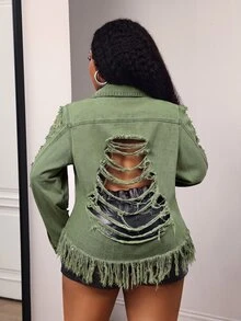 Slaydiva Plus Size Fashion Single-Breasted Distressed Fringe Denim Jacket Going Out Concert Navy Blue Autumn Grunge Goth - Green - View 2