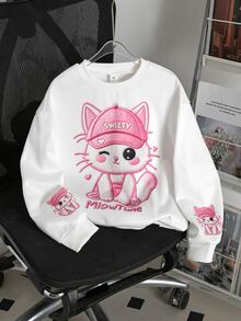 SHEIN 青少年女孩可愛粉色貓咪仿刺繡印花長袖衛衣，秋冬休閒白色套頭上衣 - 白色 - 查看 4