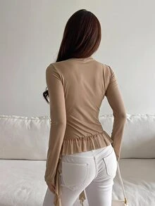 Livesso Women's Elegant Solid Color Ruffle Hem T-Shirt Fall - Brown - View 2
