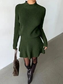 Elenzga 女款寬鬆休閒圓領紋理上衣與百褶裙兩件套 - 軍綠色 - 查看 5