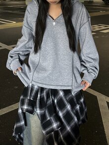 FRIFUL Sweatshirt Berkerudung Kasual Serbaguna untuk Pemakaian Sehari-hari Wanita Warna Polos - Grey - View 1