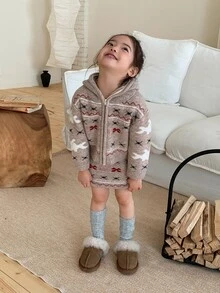 Dazy Kids Infant (Girl) Hooded Mesh Christmas Korean Style Long Sleeve Autumn/Winter Sweater Set - Coffee Brown - View 3