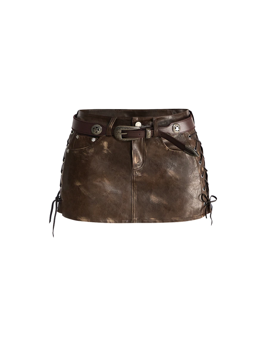 ROMWE Autumn/Winter Y2K Hot Girl Vintage Hippie Mini Versatile Rivet Decor PU Low Waist Women's Skirt - Brown - View 1