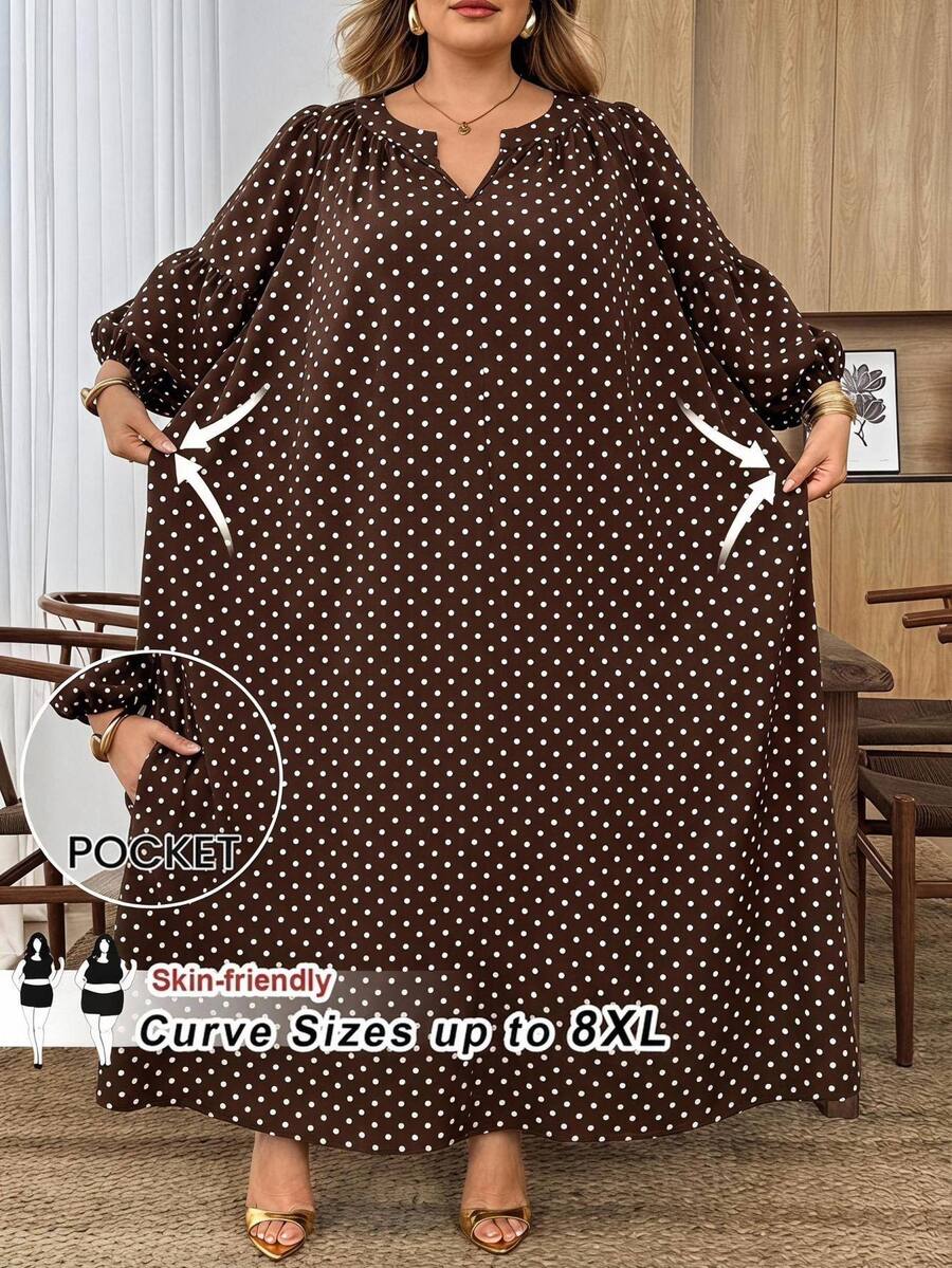 SHEIN CURVE+ فستان بطبعة نقاط بولكا فرنسية للمقاسات الكبيرة - بني - مشاهدة 1