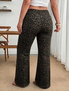 Enliva Plus Size Stretch Leopard Print Flare Pants Compatible With Apple Body Round Body, Casual Going Out - Brown - View 2