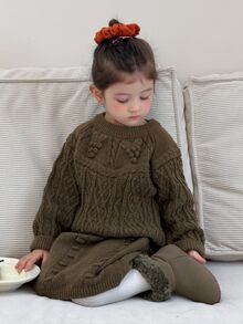 Dazy Kids Infant/Toddler (Girl) Round Neck Long Sleeve Autumn/Winter 3D Korean Style Sweater & Skirt Set, Versatile Outfit - Dark Green - View 7