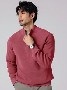 Marcello Vane 休閒時尚百搭純色寬鬆長袖男士毛衣 男士四分之一拉鍊毛衣 男士立領毛衣 男士棕色毛衣，秋冬款 - 中紫紅色 - 查看 4
