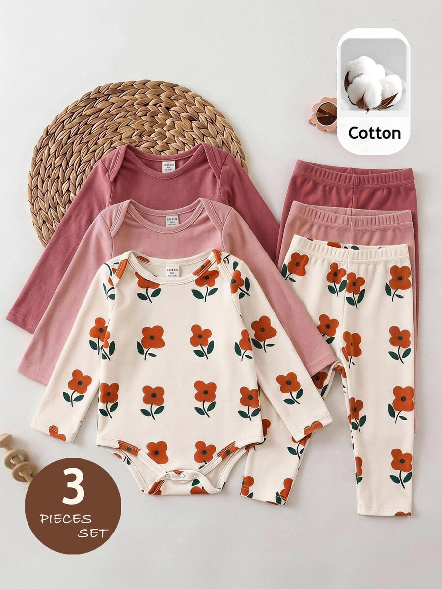 3pcs Cute Casual Elastic Knit Floral Pattern Long Sleeve Autumn Rompers For Newborn Baby Girl - Multicolor - View 1