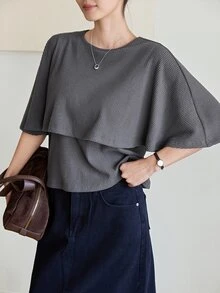 Dazy-Less Autumn Dark Gray Round Neck Long Sleeve Solid Color Loose Casual Drop Shoulder All-Match Versatile Women's T-Shirt - Dark Grey - View 5