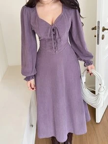 Feyla Women's Fashionable Vacation Dress With Drawstring Tie - Purple - View 1