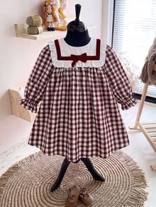 SHEIN Baby Girl Bow Decor Plaid Long Sleeve Cute Dress - Red - View 11