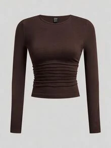SHEIN EZwear 黑色卡其色深棕色白色針織女款圓領長袖抓皺緊身T恤 日常秋季極簡基礎簡約 - 彩色 - 查看 3
