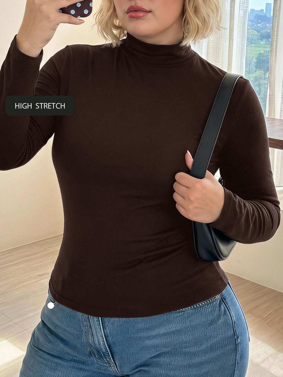 SHEIN CURVE+ 大尺碼女款簡約純色修身高領黑色上衣,適合秋冬穿著 - 咖啡棕 - 查看 1