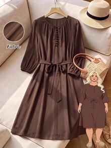 Rusticease Plus Size Minimalist Button Long Sleeve Versatile Dress - Brown - View 1