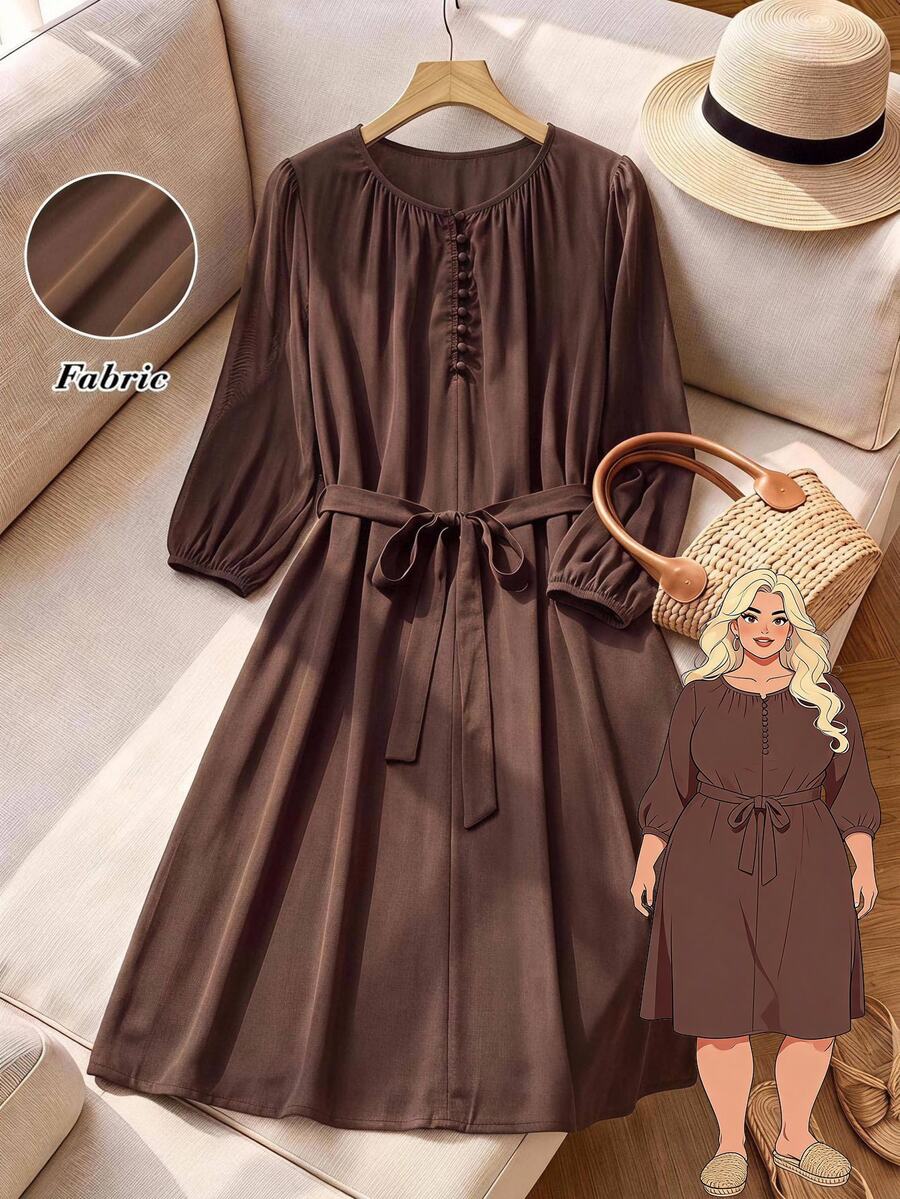 Rusticease Plus Size Minimalist Button Long Sleeve Versatile Dress - Brown - View 1