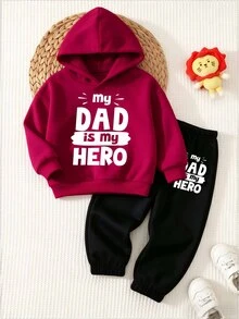 男嬰字母「My Dad Is My Hero」連帽衛衣與慢跑褲套裝，紅黑配色（1套）秋冬款 - 彩色 - 查看 4