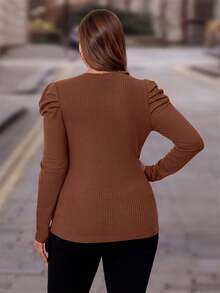 SHEIN Clasi Áo thun tay phồng chi tiết cúc cho người size lớn, mùa thu - màu nâu - Xem 2