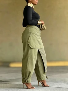 BriallanyX BriallanyX 女款雙腰帶休閒百搭日常穿著牛仔褲 - 軍綠色 - 查看 3